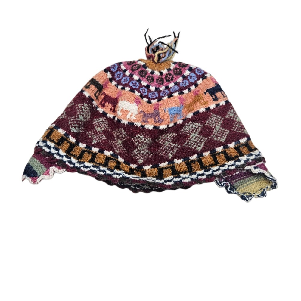Hand Knit Wool Peruvian‎ Hat Animal Motif Colorful Pom Pom Ear Flaps Fair Isle